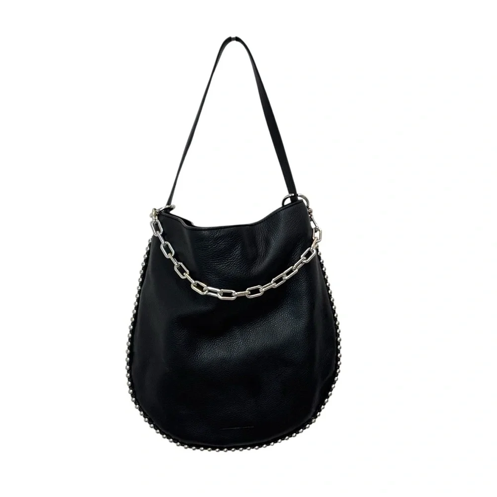 Alexander Wang Roxy Hobo Bag Black Pebbled Leather Silver Studs Crossbody Strap
